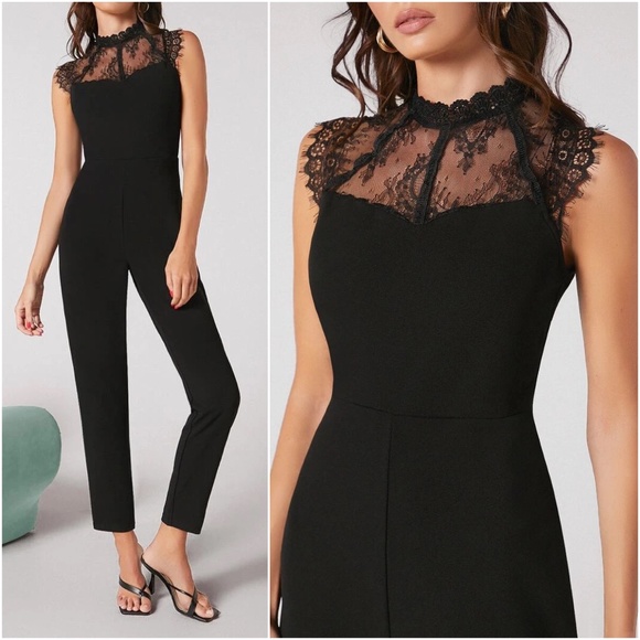 Pants - Solid Black Eyelash Lace Mock neck Jumpsuit